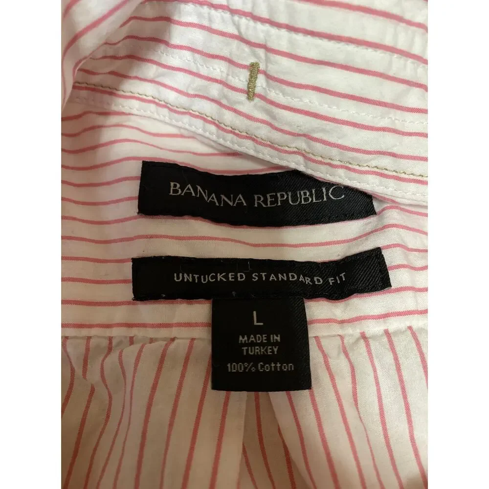 Banana Republic Untucked Men's Pink White Striped Long Sleeve Button Shirt Top L